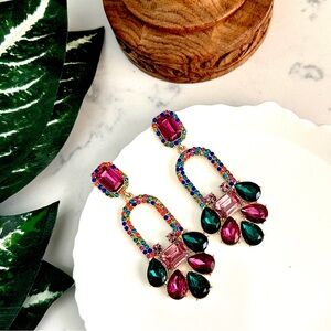 2/$30🌵 Pink Green Rhinestone Art Deco Earrings Stone Cluster Jewelry Gift NEW